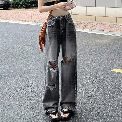 ダメージジーンズ レディースデニムパンツ 韓国ハイウエスト カジュアル ストレートジーンズ クラッシュデニムパンツ ウォッシュ加工 ストリート ジーパン おしゃれ 87BIXIN-001
