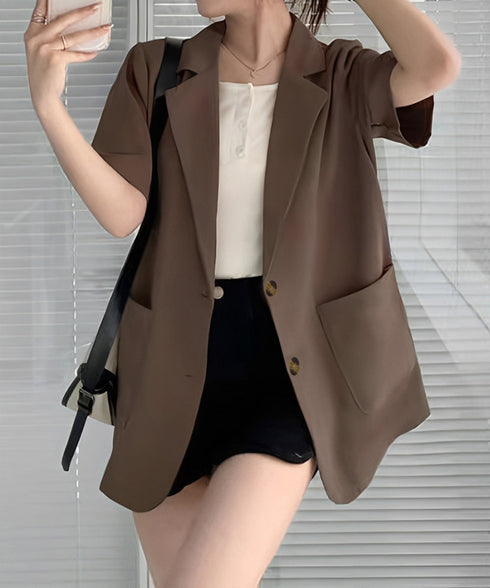 半袖テーラードジャケット レディース夏服 薄手ジャケットオフィスカジュアル 涼しいサマージャケット洗えるスーツ きれいめトップス 韓国風 羽織り20代30代40代 87BMY-001