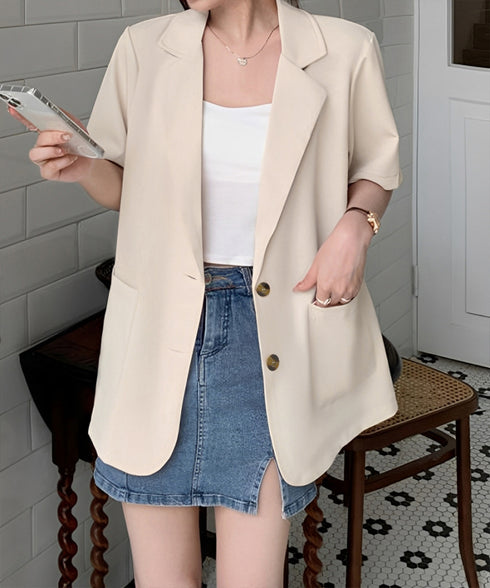 半袖テーラードジャケット レディース夏服 薄手ジャケットオフィスカジュアル 涼しいサマージャケット洗えるスーツ きれいめトップス 韓国風 羽織り20代30代40代 87BMY-001
