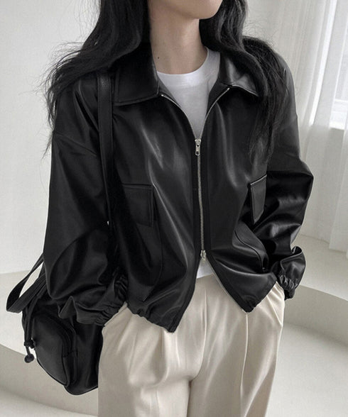 ダブルジップ ライダースジャケット韓国風 合皮革ジャンレディース レトロ フェイクレザージャケット おしゃれスタジャン ライトアウターカジュアルブルゾン ゆったり 87CHXN-010