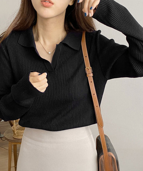 ポロニットトップス秋新作リブニット韓国風 Vネックニットレディース長袖 きれいめニットプルオーバー オフィスカジュアル ニットセーターおしゃれ 着やせタイトニット 87CHXN-011