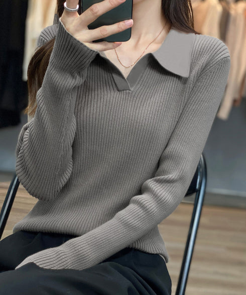 ポロニットトップス秋新作リブニット韓国風 Vネックニットレディース長袖 きれいめニットプルオーバー オフィスカジュアル ニットセーターおしゃれ 着やせタイトニット 87CHXN-011