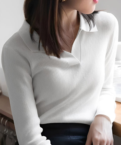 ポロニットトップス秋新作リブニット韓国風 Vネックニットレディース長袖 きれいめニットプルオーバー オフィスカジュアル ニットセーターおしゃれ 着やせタイトニット 87CHXN-011