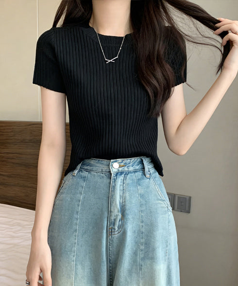 リブニットトップスサマーニット半袖春夏服 クルーネックニット レディース きれいめトップス ラウンドネックニットTシャツ 無地シンプル カジュアルニットカットソー 87CHXN-015