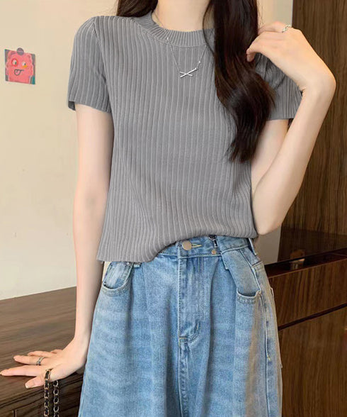 リブニットトップスサマーニット半袖春夏服 クルーネックニット レディース きれいめトップス ラウンドネックニットTシャツ 無地シンプル カジュアルニットカットソー 87CHXN-015
