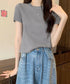 リブニットトップスサマーニット半袖春夏服 クルーネックニット レディース きれいめトップス ラウンドネックニットTシャツ 無地シンプル カジュアルニットカットソー 87CHXN-015
