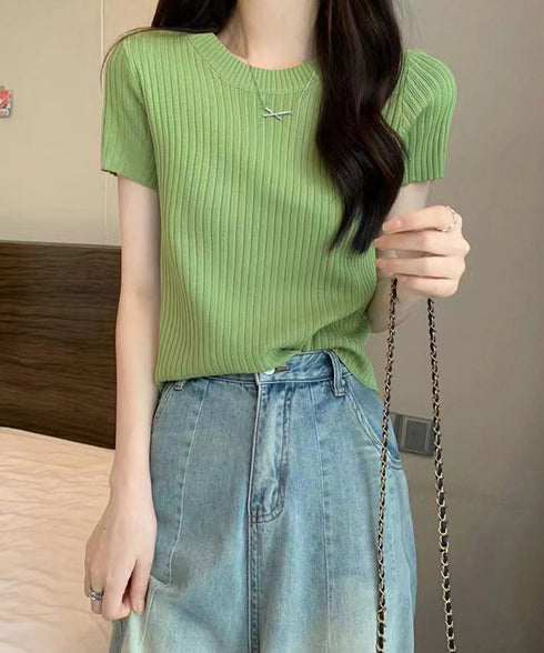 リブニットトップスサマーニット半袖春夏服 クルーネックニット レディース きれいめトップス ラウンドネックニットTシャツ 無地シンプル カジュアルニットカットソー 87CHXN-015