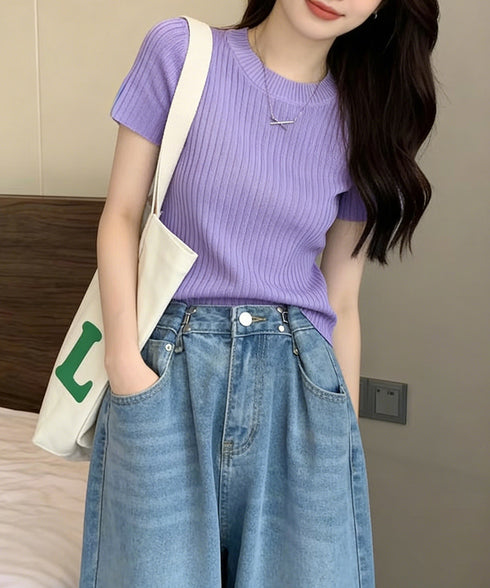 リブニットトップスサマーニット半袖春夏服 クルーネックニット レディース きれいめトップス ラウンドネックニットTシャツ 無地シンプル カジュアルニットカットソー 87CHXN-015