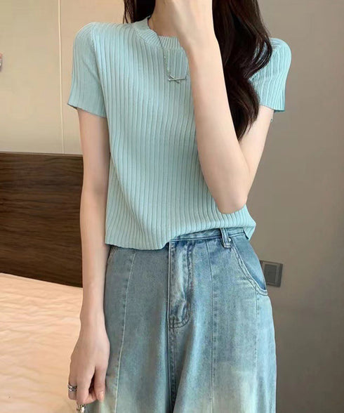 リブニットトップスサマーニット半袖春夏服 クルーネックニット レディース きれいめトップス ラウンドネックニットTシャツ 無地シンプル カジュアルニットカットソー 87CHXN-015