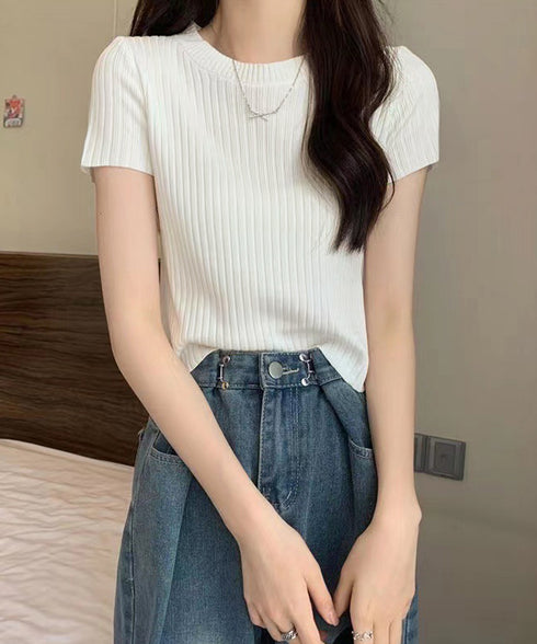 リブニットトップスサマーニット半袖春夏服 クルーネックニット レディース きれいめトップス ラウンドネックニットTシャツ 無地シンプル カジュアルニットカットソー 87CHXN-015