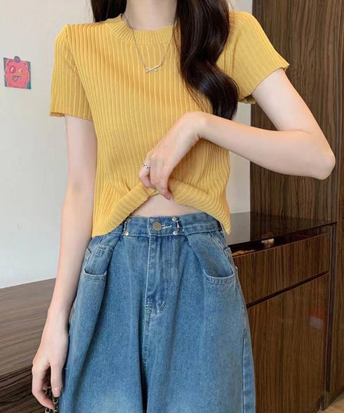 リブニットトップスサマーニット半袖春夏服 クルーネックニット レディース きれいめトップス ラウンドネックニットTシャツ 無地シンプル カジュアルニットカットソー 87CHXN-015