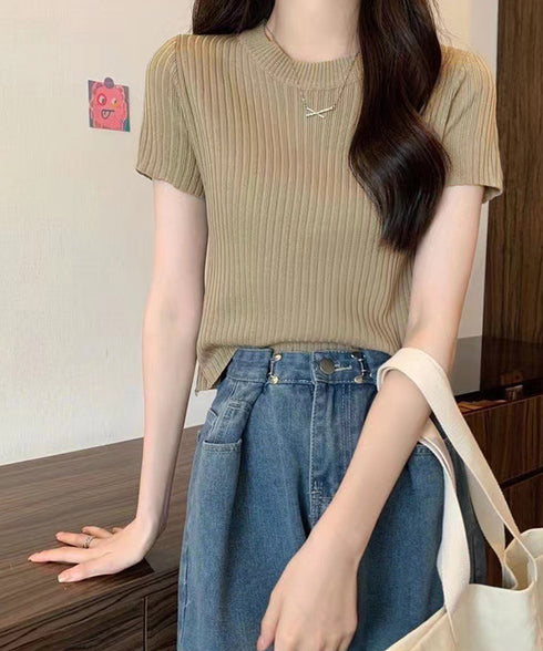 リブニットトップスサマーニット半袖春夏服 クルーネックニット レディース きれいめトップス ラウンドネックニットTシャツ 無地シンプル カジュアルニットカットソー 87CHXN-015