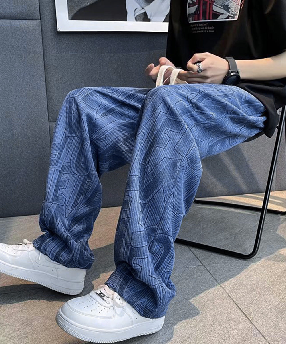 ロゴパンツ メンズ ワイドパンツ 韓国風 ブルー
