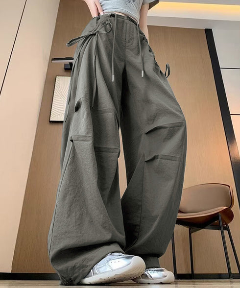 サイドドロスト カーゴパンツ レディース 涼しい速乾ワイドパンツ ゆったり ハイウエストドライパンツ ストリートカジュアルパンツ おしゃれ リボンスポーティパンツ 87DKFSH-005