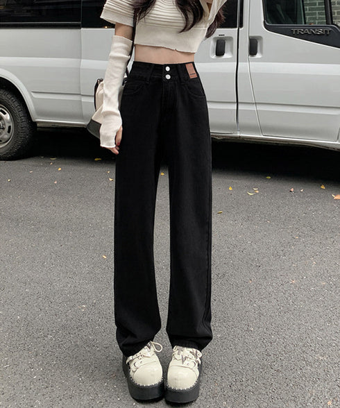 ハイウエスト デニムパンツ ダブルボタン ストレートデニム レディースジーンズ 韓国風ウォッシュデニム 美脚脚長カジュアルパンツお洒落 セミワイドジーパン春夏秋冬 87DKFSH-007