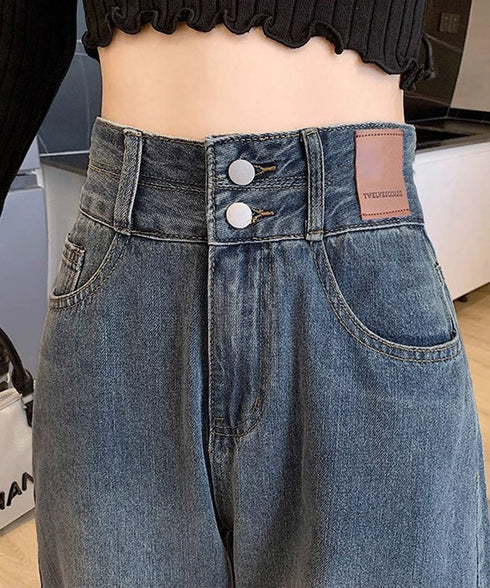 ハイウエスト デニムパンツ ダブルボタン ストレートデニム レディースジーンズ 韓国風ウォッシュデニム 美脚脚長カジュアルパンツお洒落 セミワイドジーパン春夏秋冬 87DKFSH-007