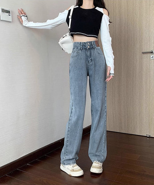 ハイウエスト デニムパンツ ダブルボタン ストレートデニム レディースジーンズ 韓国風ウォッシュデニム 美脚脚長カジュアルパンツお洒落 セミワイドジーパン春夏秋冬 87DKFSH-007