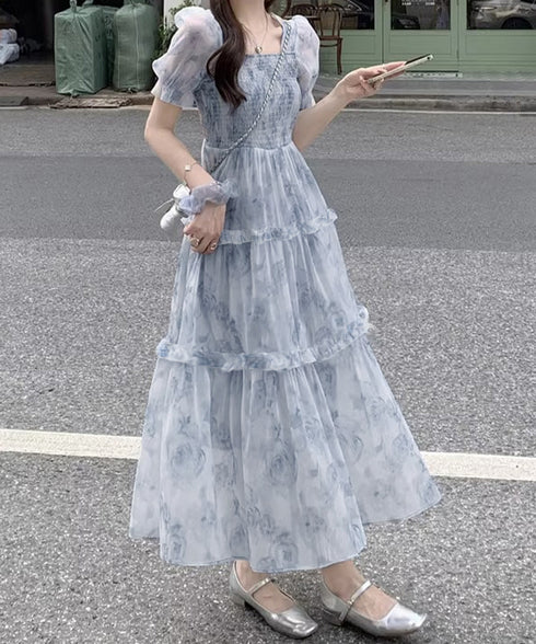 ティアードロングワンピースレディース夏服 大人可愛いシャーリングワンピース 着やせ 花柄シフォンワンピース 体型カバー スクエアネック 半袖リゾートワンピース旅行 87GUJI-001