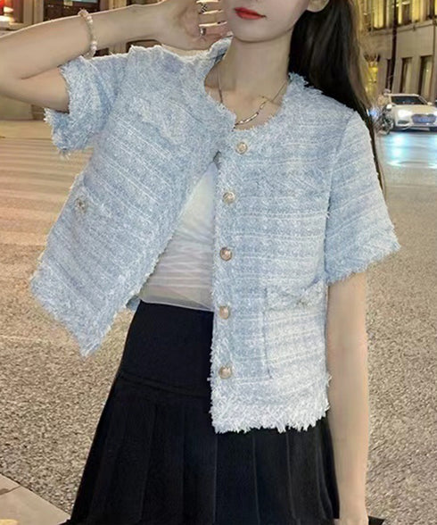 半袖ツイード風ジャケット レディース夏服 ショート丈アウター 春夏 ノーカラー フリンジジャケット きれいめ羽織り 韓国風 エレガントカーディガン オフィス通勤服 87GUJI-002