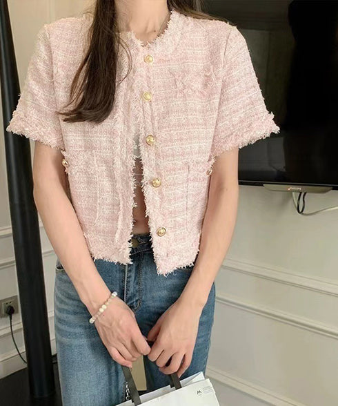 半袖ツイード風ジャケット レディース夏服 ショート丈アウター 春夏 ノーカラー フリンジジャケット きれいめ羽織り 韓国風 エレガントカーディガン オフィス通勤服 87GUJI-002