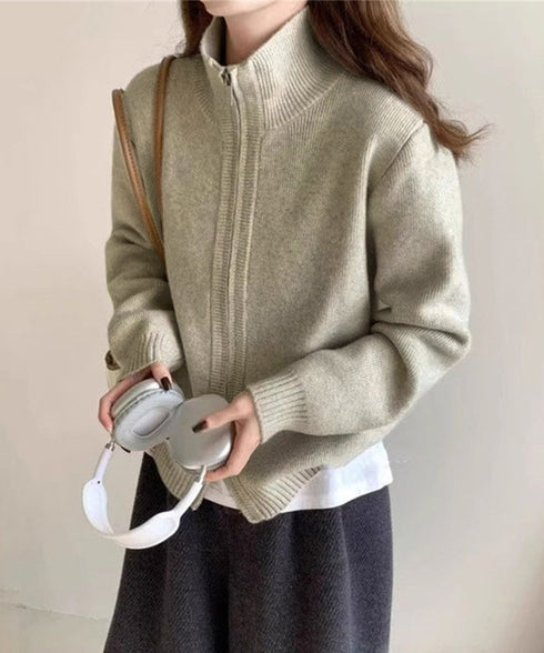 ダブルジップニットカーディガンレディース 秋冬ニットトップス ジップアップ 長袖カーディガン ハイゲージ ハイネックニット前開き 2wayニットセーターカジュアル 87HUANYI-001