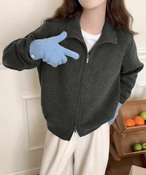 ダブルジップニットカーディガンレディース 秋冬ニットトップス ジップアップ 長袖カーディガン ハイゲージ ハイネックニット前開き 2wayニットセーターカジュアル 87HUANYI-001