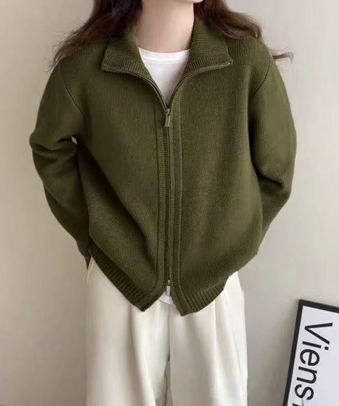ダブルジップニットカーディガンレディース 秋冬ニットトップス ジップアップ 長袖カーディガン ハイゲージ ハイネックニット前開き 2wayニットセーターカジュアル 87HUANYI-001