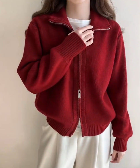 ダブルジップニットカーディガンレディース 秋冬ニットトップス ジップアップ 長袖カーディガン ハイゲージ ハイネックニット前開き 2wayニットセーターカジュアル 87HUANYI-001