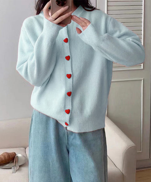 ハートボタンニットカーディガン秋冬韓国風 おしゃれニットトップス レディース きれいめカジュアル 長袖 大人可愛いセーターシンプル 洗えるニット クルーネック秋服 87HUANYI-002