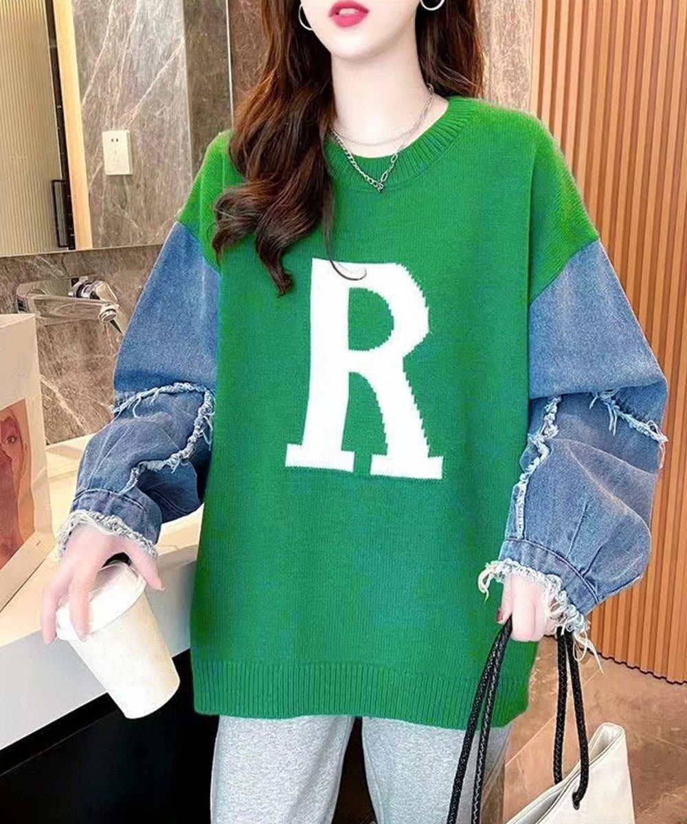 ドッキングニット デニムシャツ 切り替え グリーン
