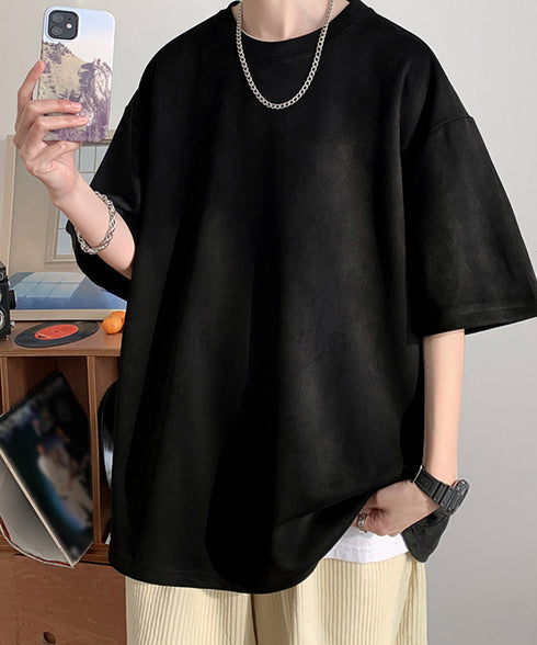 メンズtシャツ 半袖 スエード調Tシャツ メンズ夏tシャツ カットソートップス 無地 ロングtシャツ 韓国ファッション 大人カジュアル サマーtシャツ黒 おしゃれ 87MP-001