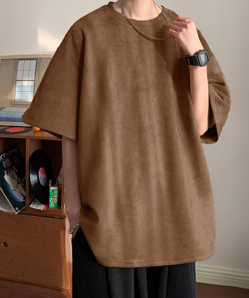 メンズtシャツ 半袖 スエード調Tシャツ メンズ夏tシャツ カットソートップス 無地 ロングtシャツ 韓国ファッション 大人カジュアル サマーtシャツ黒 おしゃれ 87MP-001