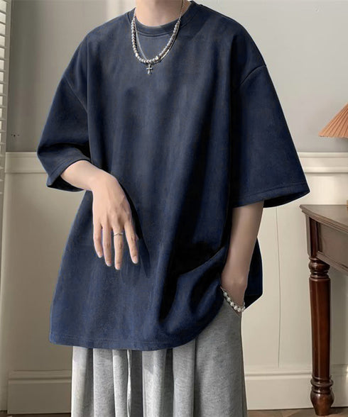 メンズtシャツ 半袖 スエード調Tシャツ メンズ夏tシャツ カットソートップス 無地 ロングtシャツ 韓国ファッション 大人カジュアル サマーtシャツ黒 おしゃれ 87MP-001