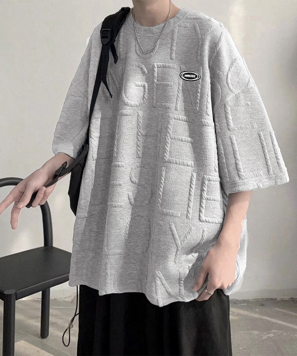 エンボス加工ロゴtシャツ メンズ 韓国風 グレー
