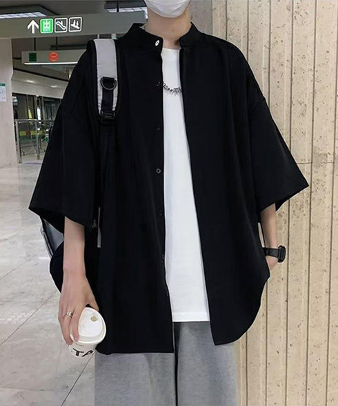 スタンドカラーシャツメンズ 半袖トップス 韓国風カジュアルシャツゆったり タック入りシャツ ドロップショルダーシャツ メンズ服お洒落 オーバーサイズトップス春夏秋 87MP-004