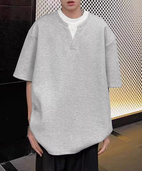 半袖Tシャツ メンズ 重ね着風カットソー スキッパーTシャツ クルーネック夏服 カジュアル 無地tシャツ 夏t レイヤード風プルオーバー おしゃれサマーtシャツ黒 87MP-005