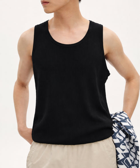 Uネックリブタンクトップメンズトップス夏 韓国風ノースリーブTシャツメンズ無地 ゆったりトップスおしゃれ 肩出しトップス男かっこいい服 リブカットソー 袖なし夏服 87MP-007