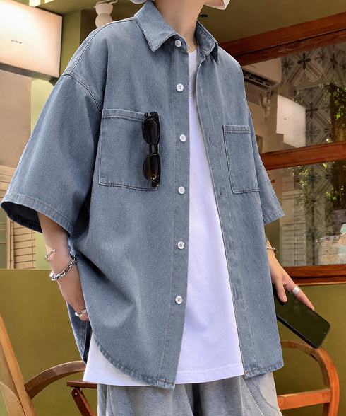 半袖デニムシャツメンズ オーバーサイズ服 かっこいいゆったりシャツおしゃれトップス ビッグシルエット羽織りルーズデニム ヴィンテージ風 メンズ服韓国風 カジュアル 87MP-010