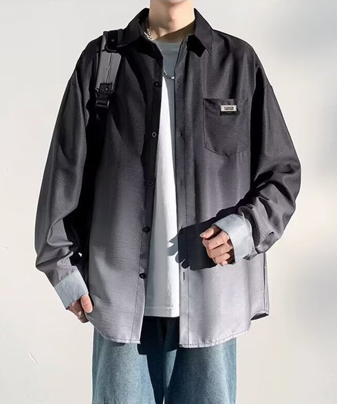 グラデーション長袖シャツメンズオーバー服 配色ステッチ オーバーサイズシャツ ビッグシルエット 男前シャツ 韓国風ライトアウター 春秋羽織りかっこいいストリート服 87MP-012