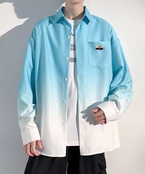 グラデーション長袖シャツメンズオーバー服 配色ステッチ オーバーサイズシャツ ビッグシルエット 男前シャツ 韓国風ライトアウター 春秋羽織りかっこいいストリート服 87MP-012