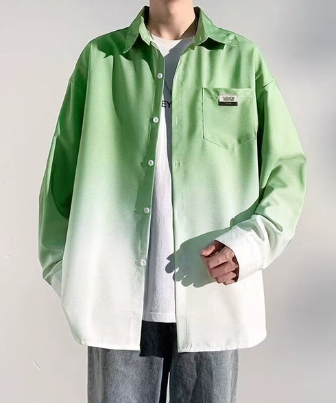 グラデーション長袖シャツメンズオーバー服 配色ステッチ オーバーサイズシャツ ビッグシルエット 男前シャツ 韓国風ライトアウター 春秋羽織りかっこいいストリート服 87MP-012