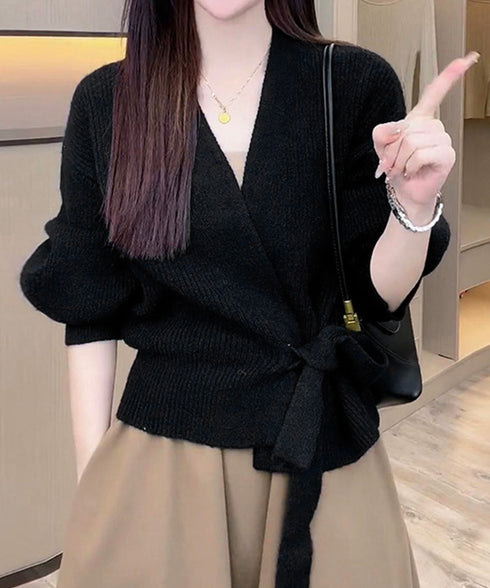 ニットトップス カシュクールニット 韓国 vネックニットセーター おしゃれ レディース きれいめ ドロップショルダーニット ウエストマークトップス エレガント秋冬 87MRJ-011