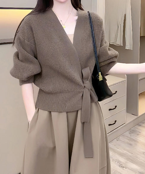 ニットトップス カシュクールニット 韓国 vネックニットセーター おしゃれ レディース きれいめ ドロップショルダーニット ウエストマークトップス エレガント秋冬 87MRJ-011
