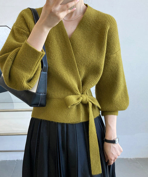 ニットトップス カシュクールニット 韓国 vネックニットセーター おしゃれ レディース きれいめ ドロップショルダーニット ウエストマークトップス エレガント秋冬 87MRJ-011