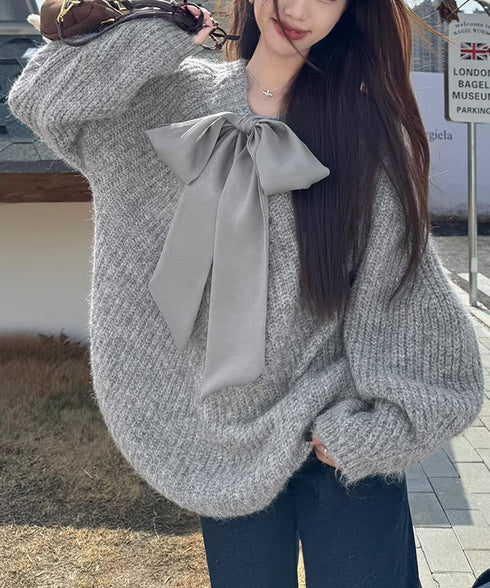 ビッグリボンタイニットプルオーバー韓国風 大人可愛い Vネックニットトップスきれいめ 前後2WAYリボン結びニット ゆったりローゲージニット おしゃれ柔らかニット 87MXR-001