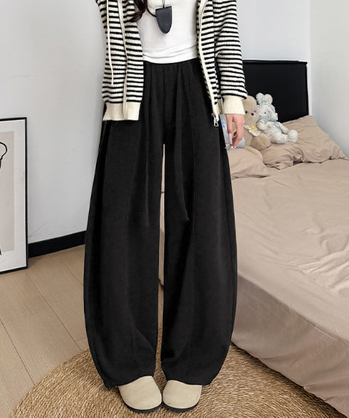 ワイドカーブパンツレディースワイドパンツ ハイウエストポケット付きバナナパンツ ドロストアーチパンツ ゆるイージーパンツ美脚厚手ニットパンツ着やせ秋冬ウエストゴム 87RUITONG-001