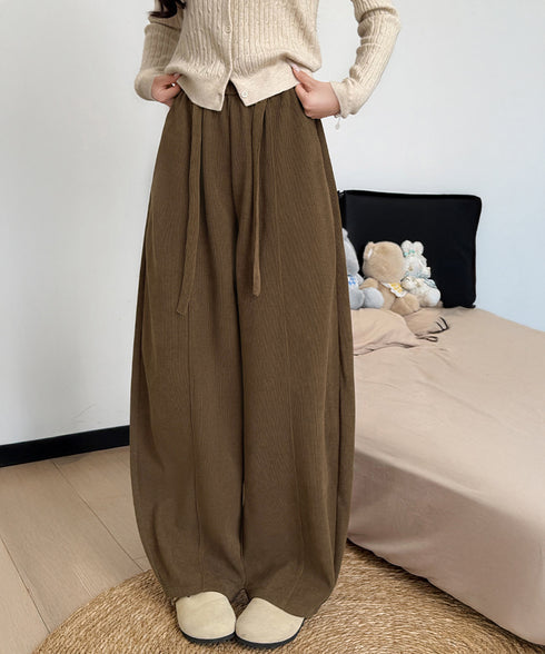 ワイドカーブパンツレディースワイドパンツ ハイウエストポケット付きバナナパンツ ドロストアーチパンツ ゆるイージーパンツ美脚厚手ニットパンツ着やせ秋冬ウエストゴム 87RUITONG-001