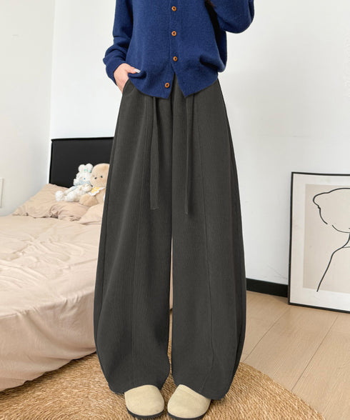 ワイドカーブパンツレディースワイドパンツ ハイウエストポケット付きバナナパンツ ドロストアーチパンツ ゆるイージーパンツ美脚厚手ニットパンツ着やせ秋冬ウエストゴム 87RUITONG-001