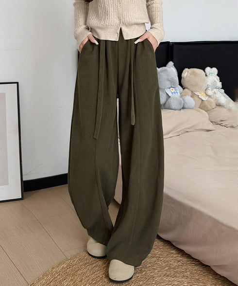 ワイドカーブパンツレディースワイドパンツ ハイウエストポケット付きバナナパンツ ドロストアーチパンツ ゆるイージーパンツ美脚厚手ニットパンツ着やせ秋冬ウエストゴム 87RUITONG-001