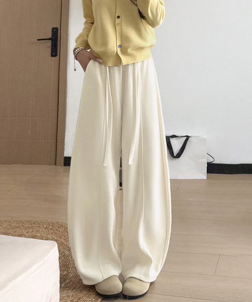 ワイドカーブパンツレディースワイドパンツ ハイウエストポケット付きバナナパンツ ドロストアーチパンツ ゆるイージーパンツ美脚厚手ニットパンツ着やせ秋冬ウエストゴム 87RUITONG-001